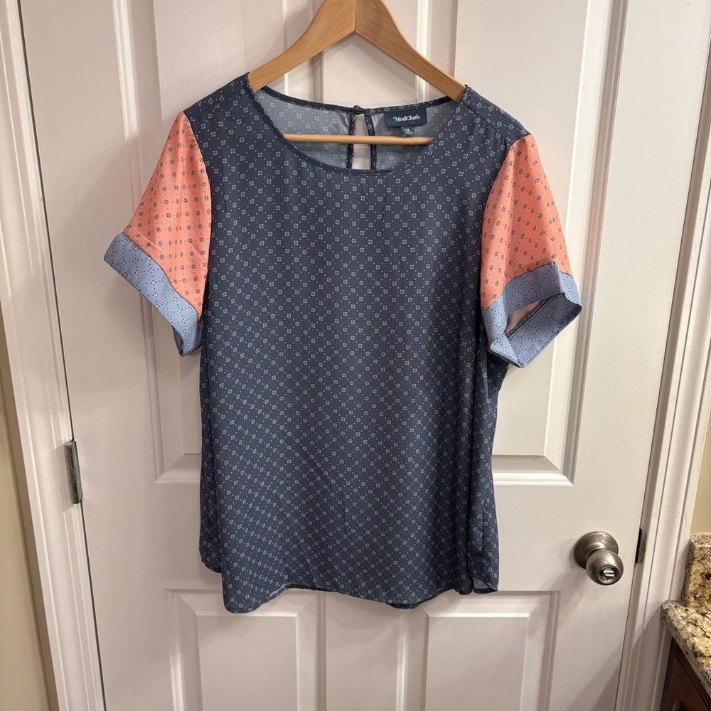 ModCloth Navy Blue and Peach Short Sleeve Blouse